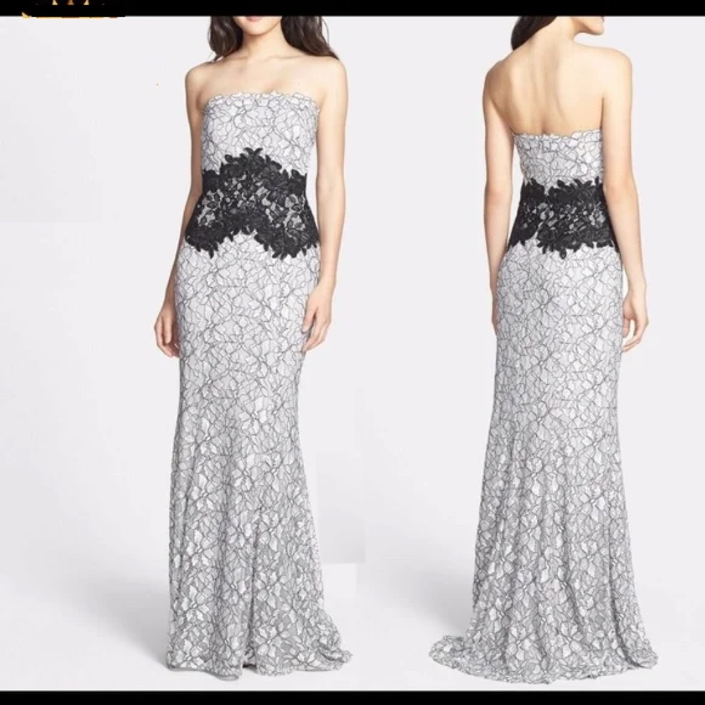 NWT! Tadashi‎ Shoji Two-Tone Lace Strapless Gown Black [SZ 14 ]